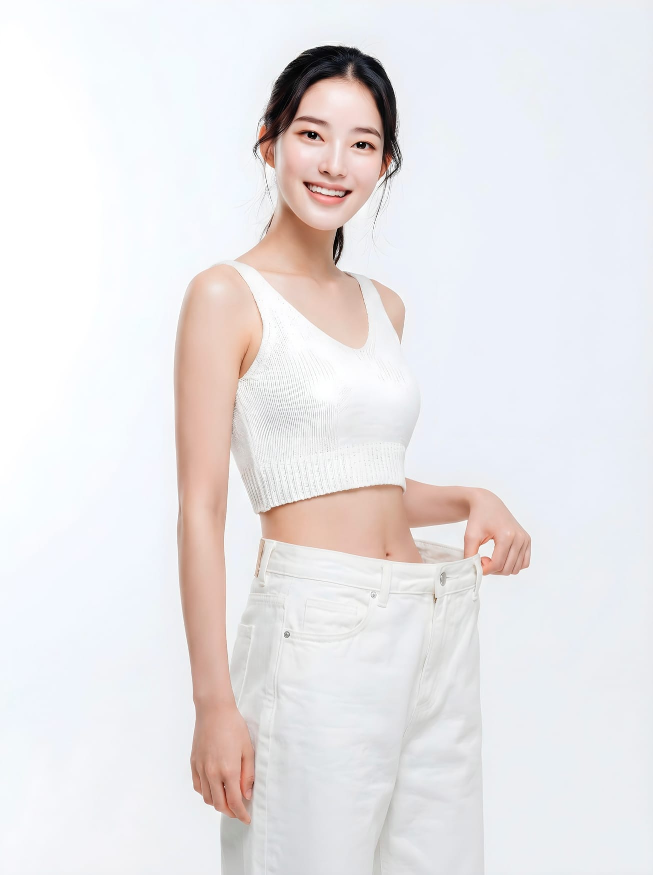 다미온의원 복벽성형 안내 이미지 — 체중이 줄어 헐거워진 바지를 잡은 모습