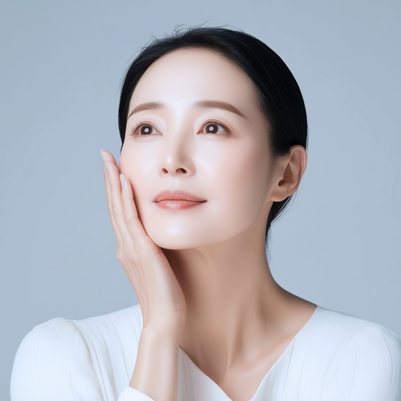 다미온의원 안면거상 안내 이미지 — 중년 여성 모델이 볼을 감싸 올린 모습