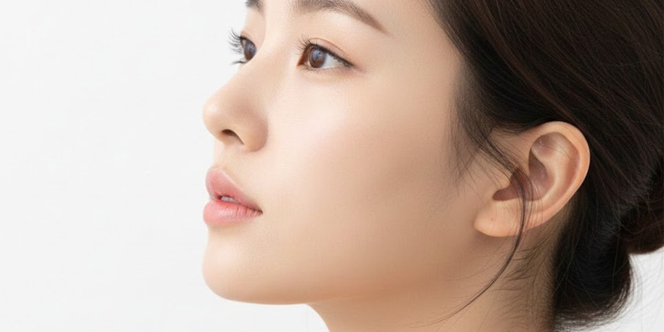 다미온의원 메부리·휜코 교정 안내 이미지 — 모델 옆얼굴 콧등 라인