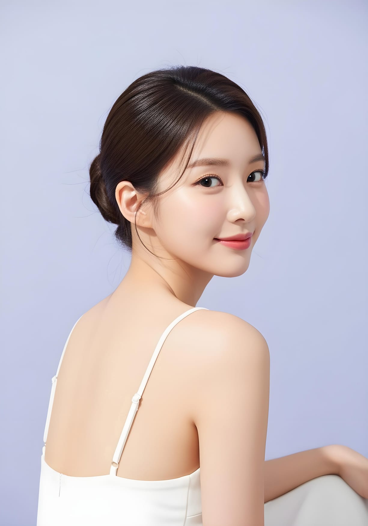 다미온의원 코성형 안내 이미지 — 모델이 어깨 너머로 돌아본 옆모습